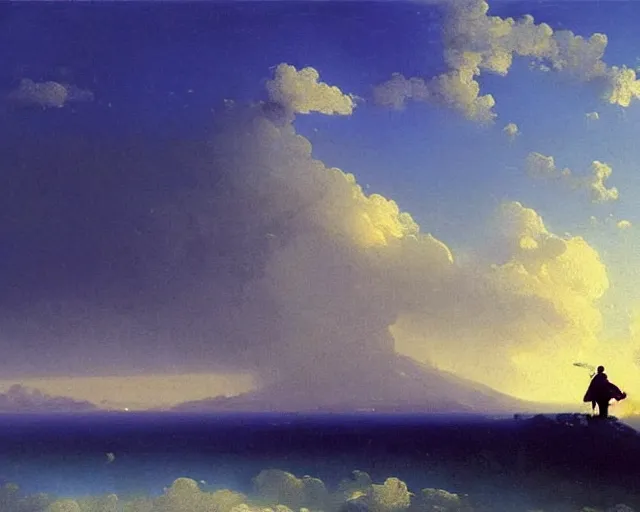 Image similar to A slightly silhouetted figure of a man with a guitar, clouds that look like mountains high in the sky, the clouds are a deep blue purple color with the sun blazing behind the clouds, art by Ivan Aivazovsky