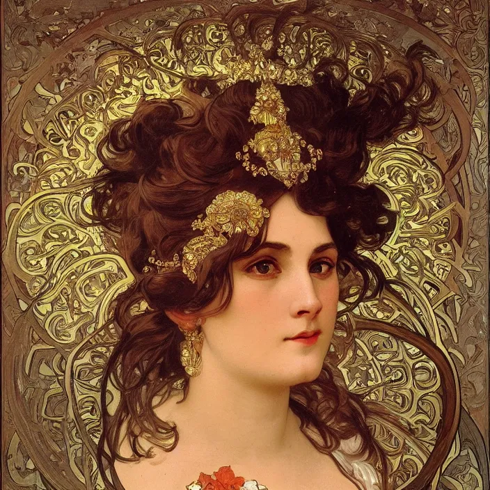 Prompt: face of a lady, portrait, highly detailed, rich, extremely opulent, ornate art, pompous, ornamental, richly detailed, digital art by alphonse mucha, ivan shishkin, adolph menzel, carvaggio