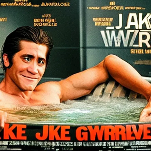 Image similar to a movie poster of Jake Gyllenhaal as patrick Swayze sitting in a hot tub in the movie Road House