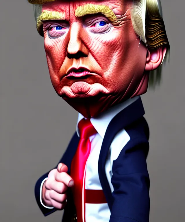 Image similar to hyperrealistic 3d model of Donald Trump as a doll, 8k octane beautifully detailed render, post-processing, extremely hyperdetailed, intricate, epic composition, cinematic lighting + masterpiece, trending on artstation, very very detailed, masterpiece, stunning