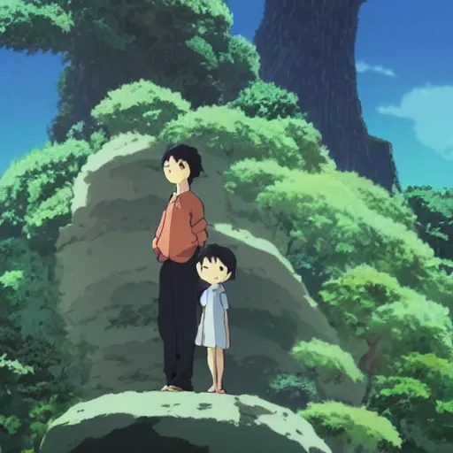 Prompt: Guy with slight smile and small friendly creature, made by Studio Ghibli detailed art, beautiful scene, , sharp focus, smooth,