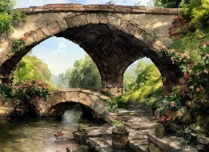 Image similar to watercolor of rustic stone bridge with mural, ivy, summer daylight, bright clear day, clouds, high detailed art by dennis miller bunker, work by anders zorn, wonderful masterpiece by greg rutkowski, beautiful cinematic light, american romanticism by greg manchess, creation by tyler edlin