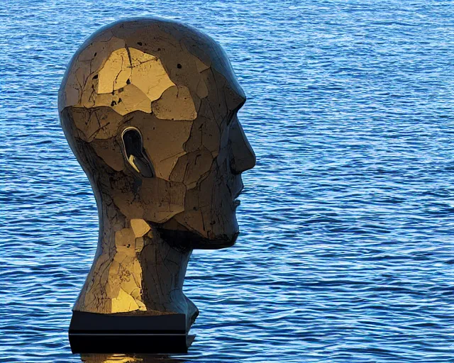 Image similar to a giant sculpture of an abstractly shaped head with stars around it on the water, in the style of chad knight, award winning, cinematic, hyper - realistic, very detailed, realistic water splashes, ray tracing, 8 k resolution, long - shot, sharp focus, low angle, 8 5 mm photograph, wide lens