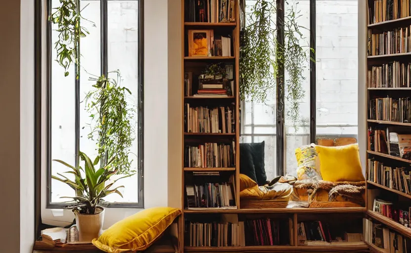 Image similar to interior desing magazine photo of a big window with a wooden frame to sit on, some sandy yellow pillows, there are some books on a small integrated shelf, hanging plants, great architecture, ambient light, 8k