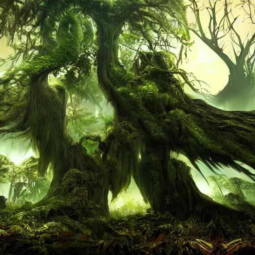 Image similar to horrific, spectacular tree in a densely overgrown, dark jungle, fantasy, dreamlike sunraise, ultra realistic