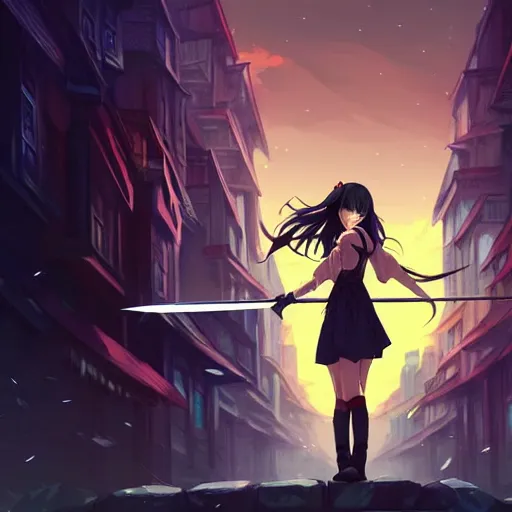 Image similar to a beautiful girl with long dark hair, sword fighting her brother, night, city background, sharp focus, intricate, digital painting, artstation, official media, anime key visual, highly detailed, rich vivid colors, ambient lighting, illustration, art by Artgerm, Makoto Shinkai, Ilya Kuvshinov, Lois Van Baarle, and Rossdraws