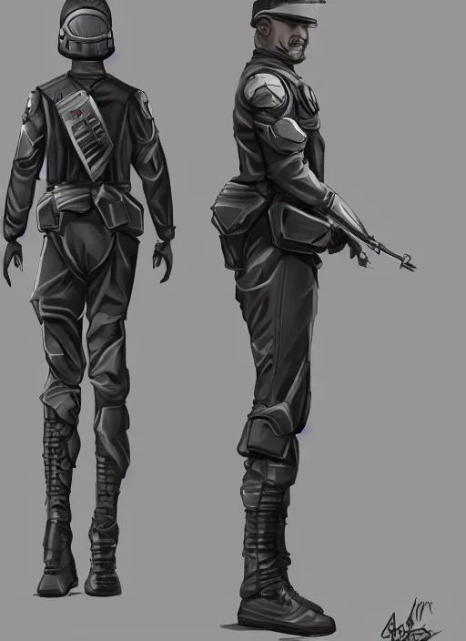 Prompt: concept art proportion study of a futuristic soldier in an officers uniform, 4 k, hd, cyberpunk dark fantasy art, official fanart behance hd artstation