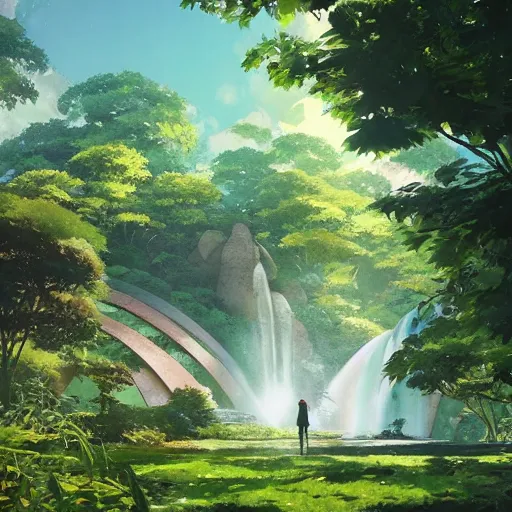 Image similar to geodesic dome with gardens and waterfall, gapmoe kuudere moody lighting stunning bokeh highlights sharp contrast | trending pixiv fanbox | by greg rutkowski makoto shinkai takashi takeuchi studio ghibli