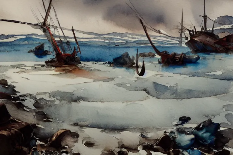 Prompt: small centered on watercolor paper, paint brush strokes, abstract watercolor painting of ancient viking wreck in frozen lake, daylight, blue sky, cinematic light, national romanticism by hans dahl, by jesper ejsing, by anders zorn, by greg rutkowski, by greg manchess, by tyler edlin