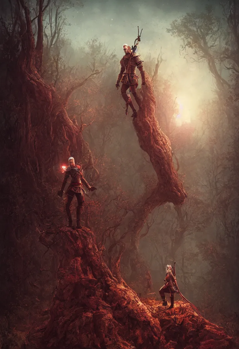 Prompt: Renfri from the Witcher universe standing on a short treestump, red lunar eclipse, detailed, fantasy, in the style of Anna Podedworna, Bryan Sola, Bartlomiej Gawel, Bogna Gawrońska, Ástor Alexander, Bogdan Rezunenko, Gwent, epic composition, red background