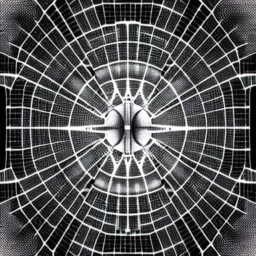 Prompt: a black and white drawing of a geometric lattice international space station made of chrome and filled with equipment, a microscopic photo by ernst haeckel, zbrush central, kinetic pointillism, intricate patterns, biolumiescence, photoillustration