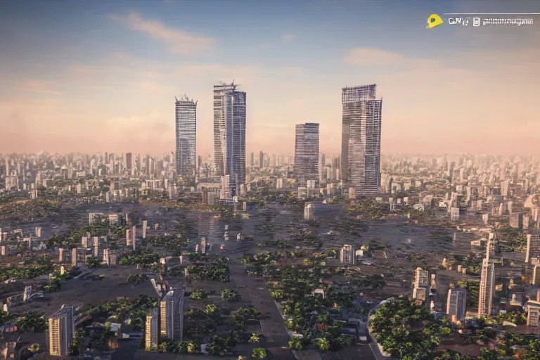 Image similar to 3 d rendering of the city of jakarta rendered with an unreal engine 5, the image is refined with uhd, yellowish light, and also its beauty is like the real world