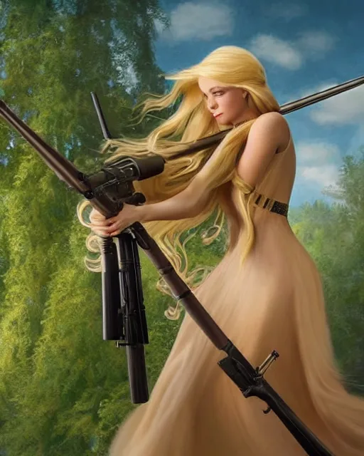 Image similar to disney princess with long blonde hair vs long barreled 9 0 sniper rifle : : weta disney pixar movie still photo : : hi - fructose, decadent highly - detailed digital painting, golden ratio, octane render, artstation, smooth, sharp focus, artgerm, mucha, loish, wlop