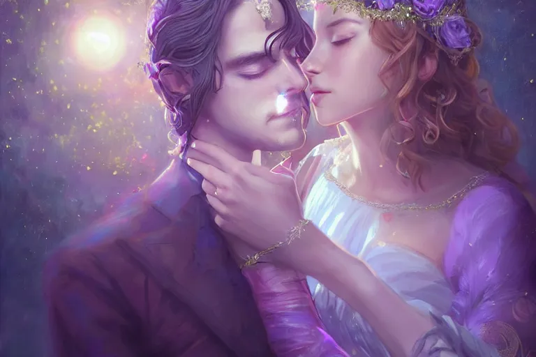 Image similar to a dreamlike cinematic portrait of wedding photograph close up moment of a divine a russia sun god and moon goddess lovers magician at a wedding banquet. portraiture. digital painting. artstation. concept art. fantasy wedding photo. digital painting, 8 k realistic, hyper detailed, violet evergarden art masterpiece by art by krenz cushart