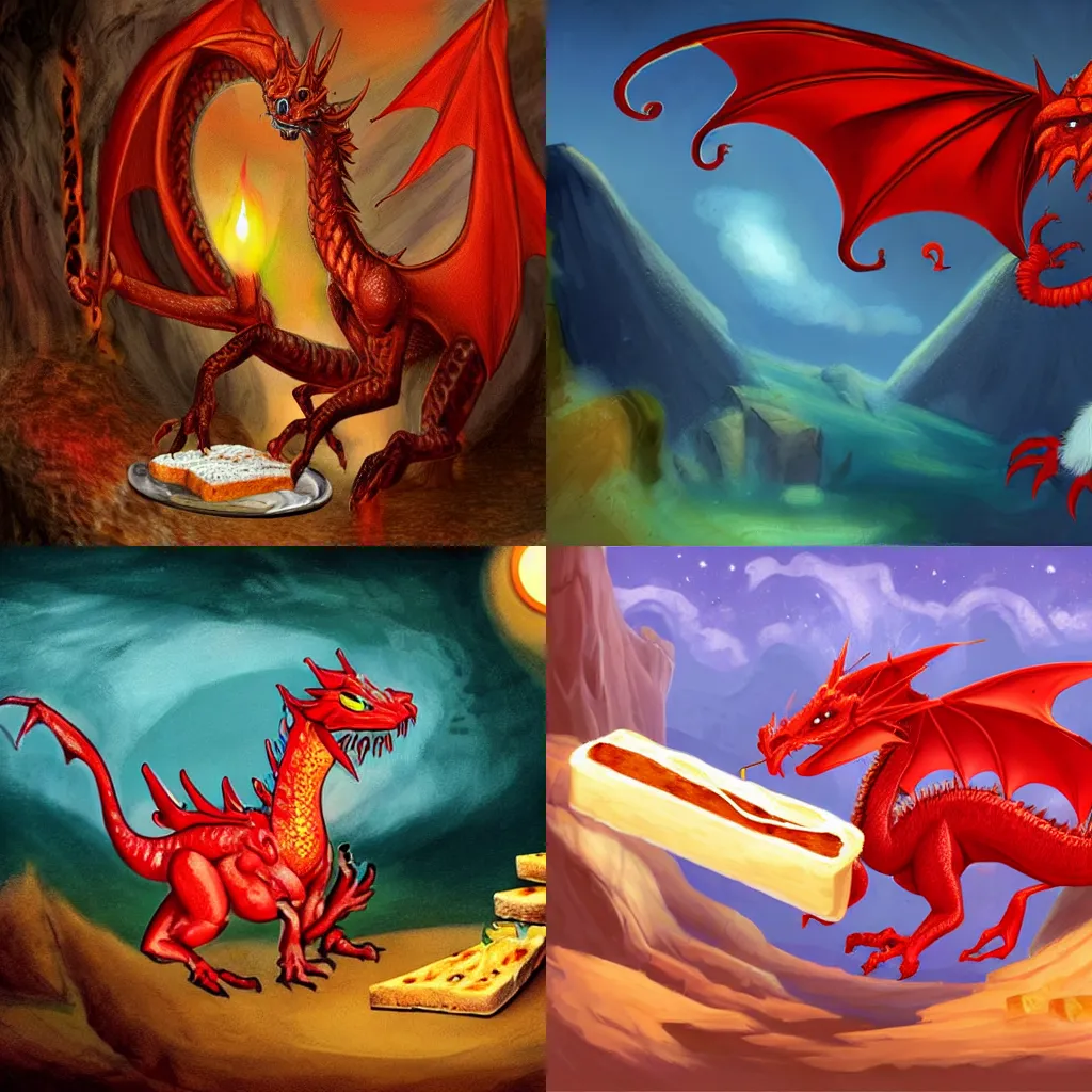 Prompt: a cute red dragon with toast for wings, inside a cave, fantasy illustration