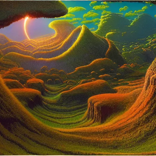 Image similar to a hyper realistic detailled matte painting of a world of verdant glens of amber fields, and oceans of black, during dawn, barometric projection, rectilinear, by jean giraud and john howe and james montgomery flagg featured on artstation, featured on behance, ultrawide angle.