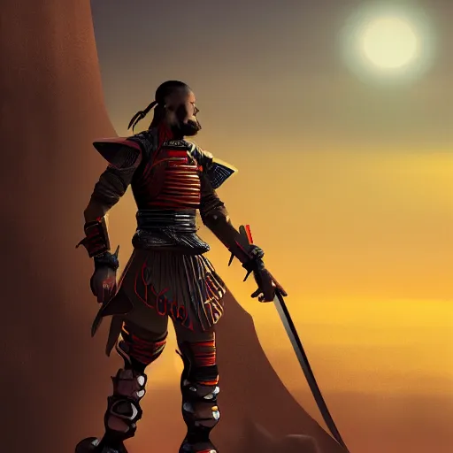 Image similar to a futuristic samurai warrior standing edge of the cliff, sun in the background, epic concept art, bold, sharp, beautiful, trending on artstation