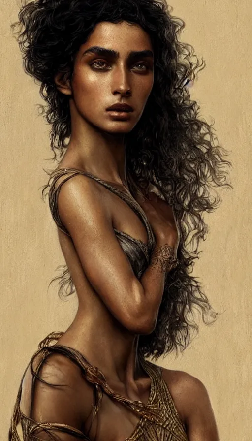 Image similar to imaan hammam, dancer, lord of the rings, sweaty insane, intricate, highly detailed, digital painting, artstation, concept art, smooth, sharp focus, illustration, unreal engine 5, 8 k, art by artgerm and greg rutkowski and alphonse mucha