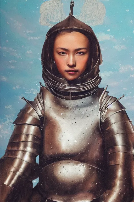 Image similar to hyperrealism oil painting, close-up portrait of medieval fashion model, knight, steel gradient mixed with nebula sky, in style of baroque mixed with 70s japan book art