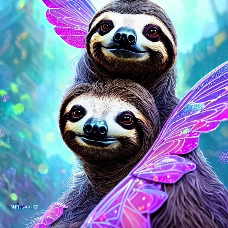 Prompt: a magnificent sloth princess with glittery wings, fluttering through an enchanted forest city, wild, highly detailed, digital painting, artstation, sharp focus, illustration, detailed painterly digital art style by WLOP and Cory Loftis + perfect facial symmetry + dim volumetric lighting, vibrant deep colors, 8k octane beautifully detailed render, post-processing, extremely hyperdetailed, epic composition, grim yet sparkling atmosphere, cinematic lighting + masterpiece, Art Nouveau, unreal engine, hyperrealistic