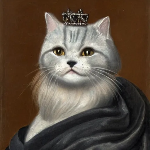 Image similar to a renaissance style portrait painting of a grey scottish fold cat, wearing a crown and cape, dark background