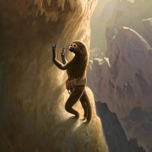 Image similar to detailed science - fiction character portrait of a sloth rock climbing, wild, highly detailed, digital painting, artstation, concept art, smooth, sharp focus, illustration, art by artgerm and greg rutkowski and alphonse mucha