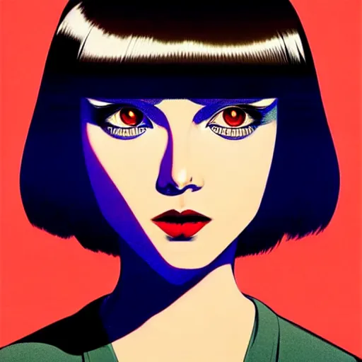 Prompt: woman with bobcut haircut with friendly eyes and slim features looking askance, underground box office hit, satire and seventies italian horror movie, intricate, ultra detailed 8 k, best, cool, extremely beautiful and aesthetic shape of face and neck, art by hiroaki samura and ilya kuvshinov and rossdraws and andy warhol, inverted