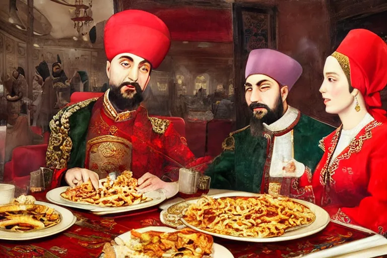 Prompt: Ottoman Sultan Mehmet IV and his wife Sultan Gülnuş eating shawarma in a restaurant in Downtown New York, wearing red ovular turbans and a luxurious Ottoman coats, super realistic facial features, detailed face, Ottoman Sultanate, expressive, photorealistic, hyperrealism, micro details, HDR Shot