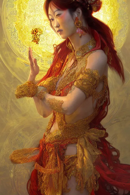 Image similar to tarot card artstation, portrait of an asian love dancer, sunrise, baroque ornamnet and rococo ornament, ancient chinese ornate, hyperdetailed, beautiful lighting, craig mullins, mucha, klimt, yoshitaka amano, red and gold and orange color palatte