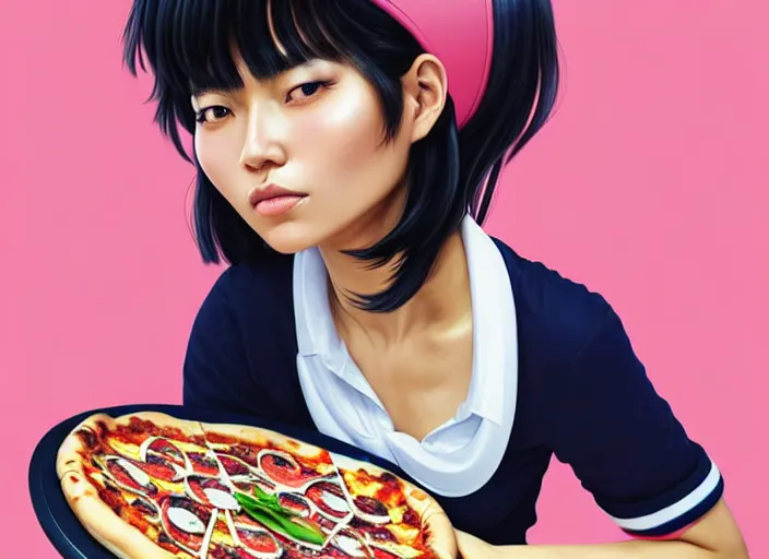 Prompt: portrait of a Asian Mexican mix race young woman school with short hair wearing a navy and white sepuku uniform and eating a pizza on a pink floatie in Waikiki beach, beautiful massive ocean, elegant, highly detailed, centered, digital painting, artstation, concept art, smooth, sharp focus, illustration, by Peter Mohrbacher, WLOP