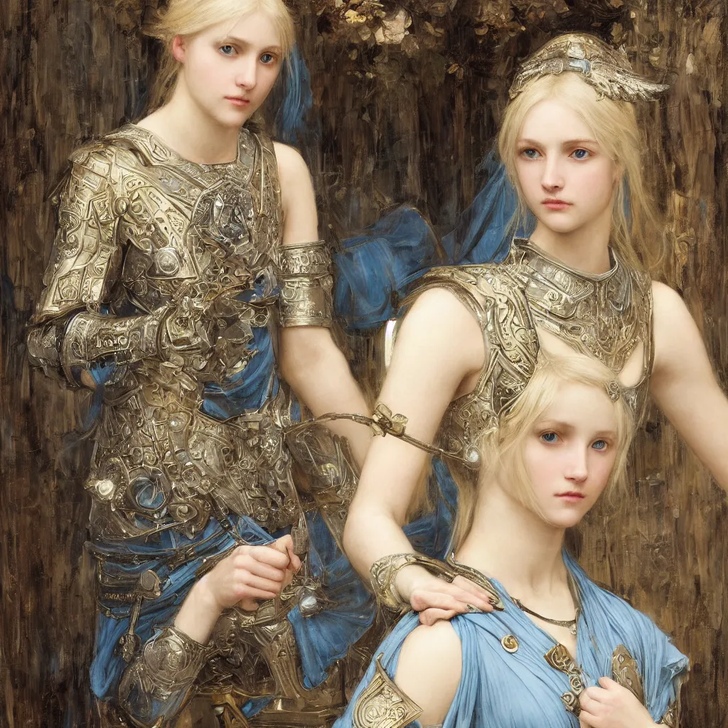 Image similar to armored beautiful pale platinum - blonde young woman with light blue eyes, soft gaze, a golden round halo around her head, wearing a fine decorated silver breastplate, painted by john william waterhouse : : 0. 5, epic fantasy, masterpiece, portrait, fine art, digital art, detailed, ultra - hd, cinematic, volumetric, intricate