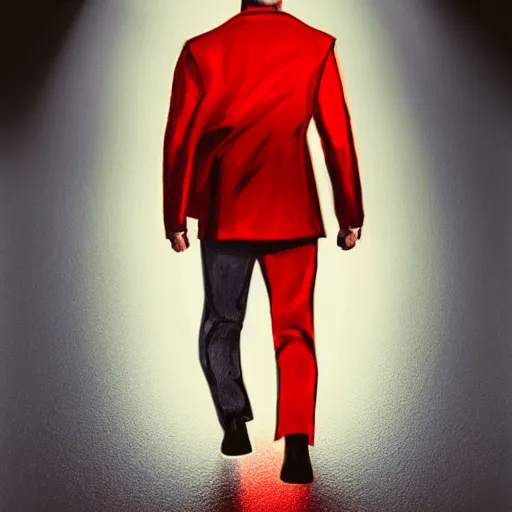 Prompt: isometric view of a man with a red jacket from back. walking towards a red futuristic motorbike on a wide road. photo realistic, hyper realistic, dramatic lighting, cyberpunk, ultra detailed, sharp focus, wide angle, digital illustration, trending on artstation