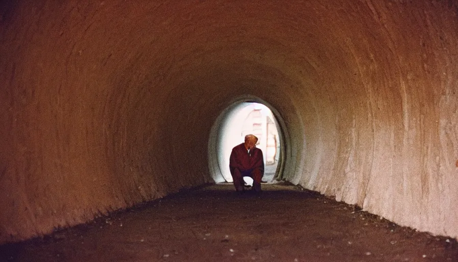 Prompt: 7 0 s movie still of an old man in a tiny tunnel. his skin is full of holes. cinestill 8 0 0 t 3 5 mm technicolor, heavy grain, high quality, high detail