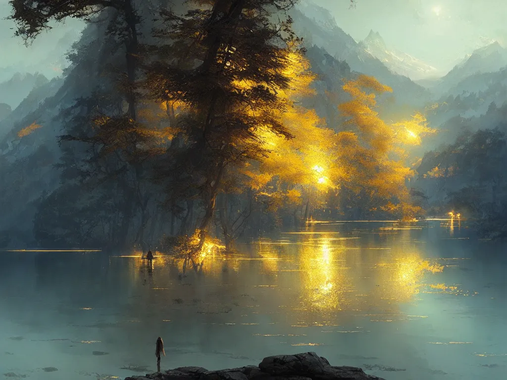 Image similar to A lake of pure gold, by Greg Rutkowski