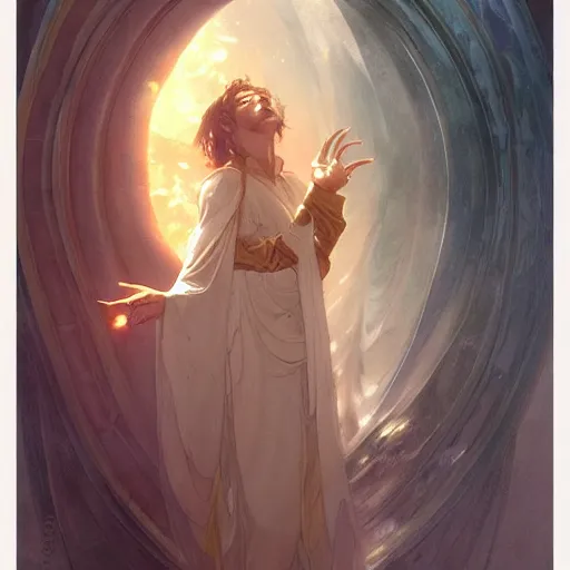 Prompt: a wizard casting a magical portal, beautiful dramatic fantasy painting by artgerm and greg rutkowski and alphonse mucha, crystal clear high detail.