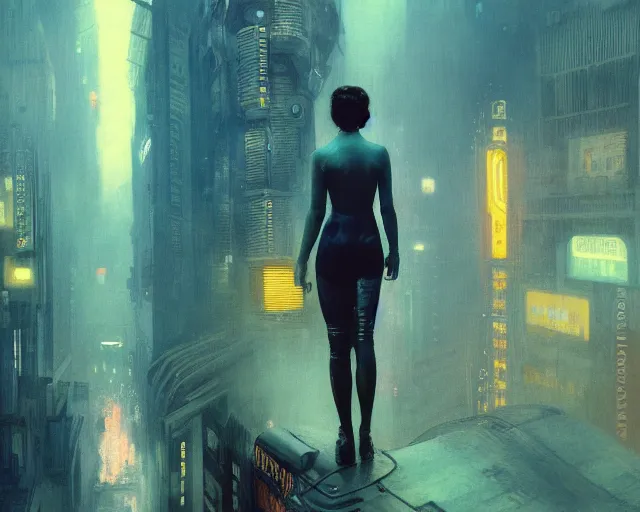 Image similar to 2 0 1 8 blade runner movie still girl look at the cityscape from roof perfect face fine realistic face pretty face neon puffy jacket blue futuristic sci - fi elegant by denis villeneuve tom anders zorn hans dragan bibin thoma greg rutkowski ismail inceoglu illustrated sand storm alphonse mucha