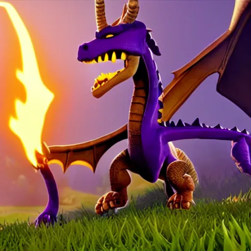 Image similar to Spyro The Dragon breathing fire at his enemy, unreal engine, heroic dragon pose