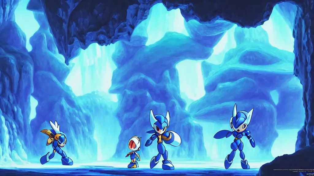 Image similar to side scrolling megaman zero stage 1 the ice cave, studio ghibli, pixar and disney animation, sharp, rendered in unreal engine 5, highly detailed, digital painting, artstation, hollow knight, smooth, sharp focus, illustration, wide angle, wallpaper, splash art, promo art, dramatic lighting, art by artgerm and greg rutkowski and bo chen and jin xiaodi