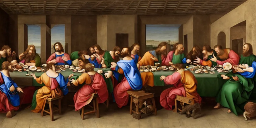 Image similar to an renaissance oil painting depicting animals, the last supper, masterpiece