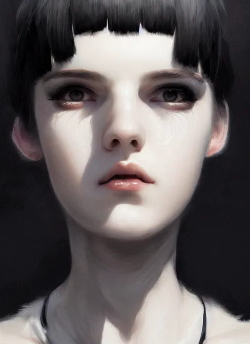 Image similar to portrait of white teenage girl, normal face, black bangs, mall goth, cyberlox, black and white hair, bangs, fluffy bangs, intricate, elegant, highly detailed, digital painting, artstation, concept art, sharp focus, smooth, illustration, art by wlop, mars ravelo and greg rutkowski