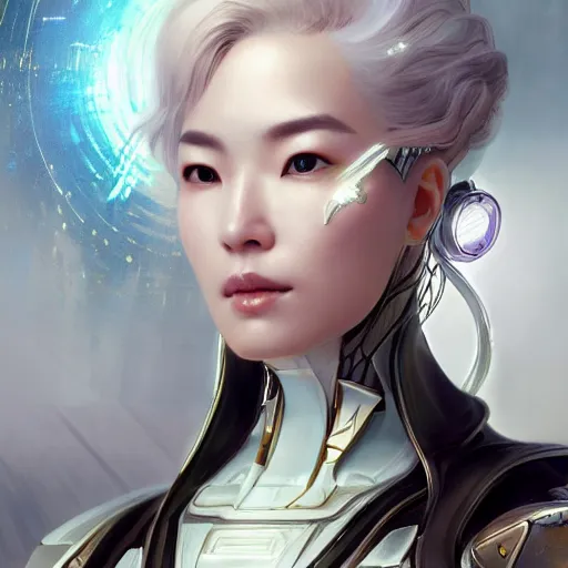 Image similar to ultra realistic illustration of cyborg song hye - kyo, warframe, intricate, utopian city, white hair, elegant, highly detailed, digital painting, artstation, concept art, smooth, sharp focus, illustration, art by artgerm and greg rutkowski and alphonse mucha