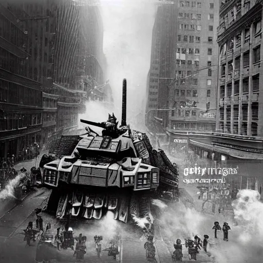 Prompt: old black and white photo, 1 9 1 3, depicting a diesel gundam rampaging through the bustling streets of new york city, historical record