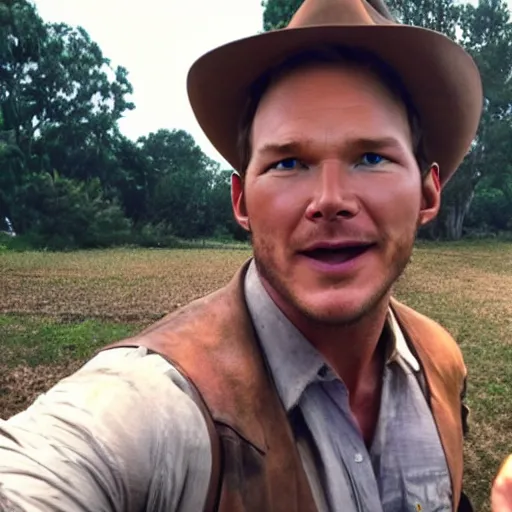 Image similar to chris pratt as indiana jones taking a selfie with an old harrison ford, instagram, cinematic, natural lighting, genuine smile, perfect angle