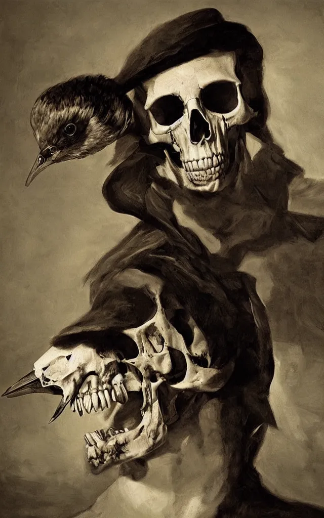 Image similar to portrait of a man with a bird skull, dynamic composition, dramatic lighting, hyperrealistic, ultra detailed