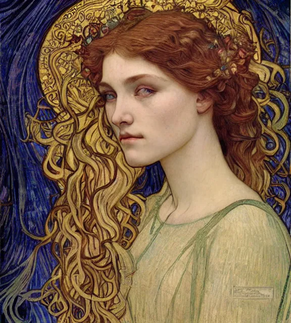 Image similar to detailed realistic beautiful young medieval queen face portrait by jean delville, alphonse mucha, vincent van gogh, and marco mazzoni, art nouveau, symbolist, visionary, gothic, pre - raphaelite