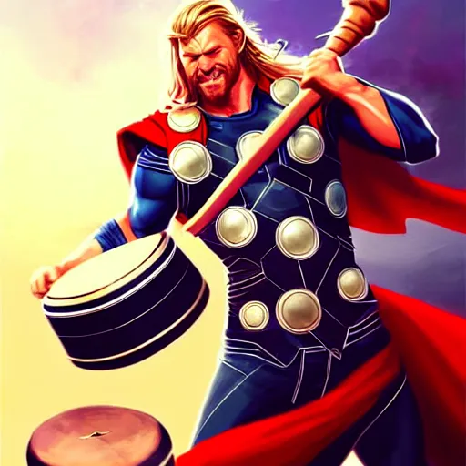 Image similar to thor playing the bongos, comic style by guweiz and stanley artgerm, extremely high quality artwork, very detailed, trending on artstation