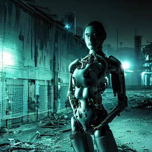Prompt: stunning, breathtaking, awe-inspiring award-winning photo of a biomorphic female cyborg in a desolate abandoned post-apocalyptic industrial city at night, highly detailed, extremely moody blue lighting