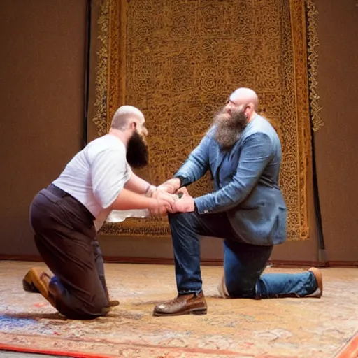 Image similar to a realistic photo of a large bearded man kneeling, being knighted by a king