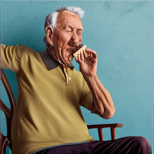 Prompt: old man with a polo eating a granola bar on a rocking chair, photorealistic