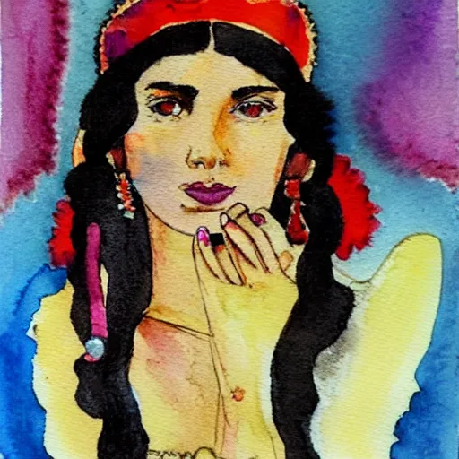 Prompt: Portrait of young gypsy woman. Fortune teller. Watercolor